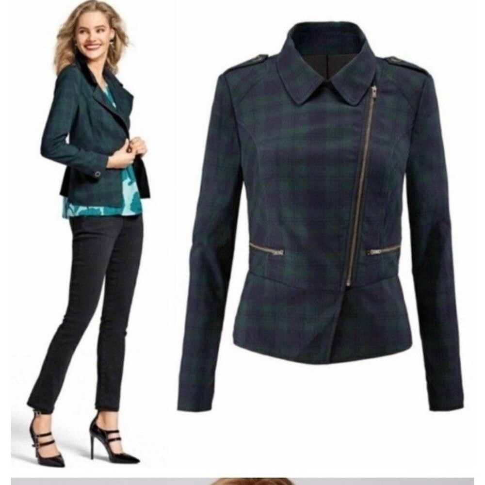 Cabi Tartan Plaid Moto Jacket Navy Blue Green #3181 Coat Size 8 M